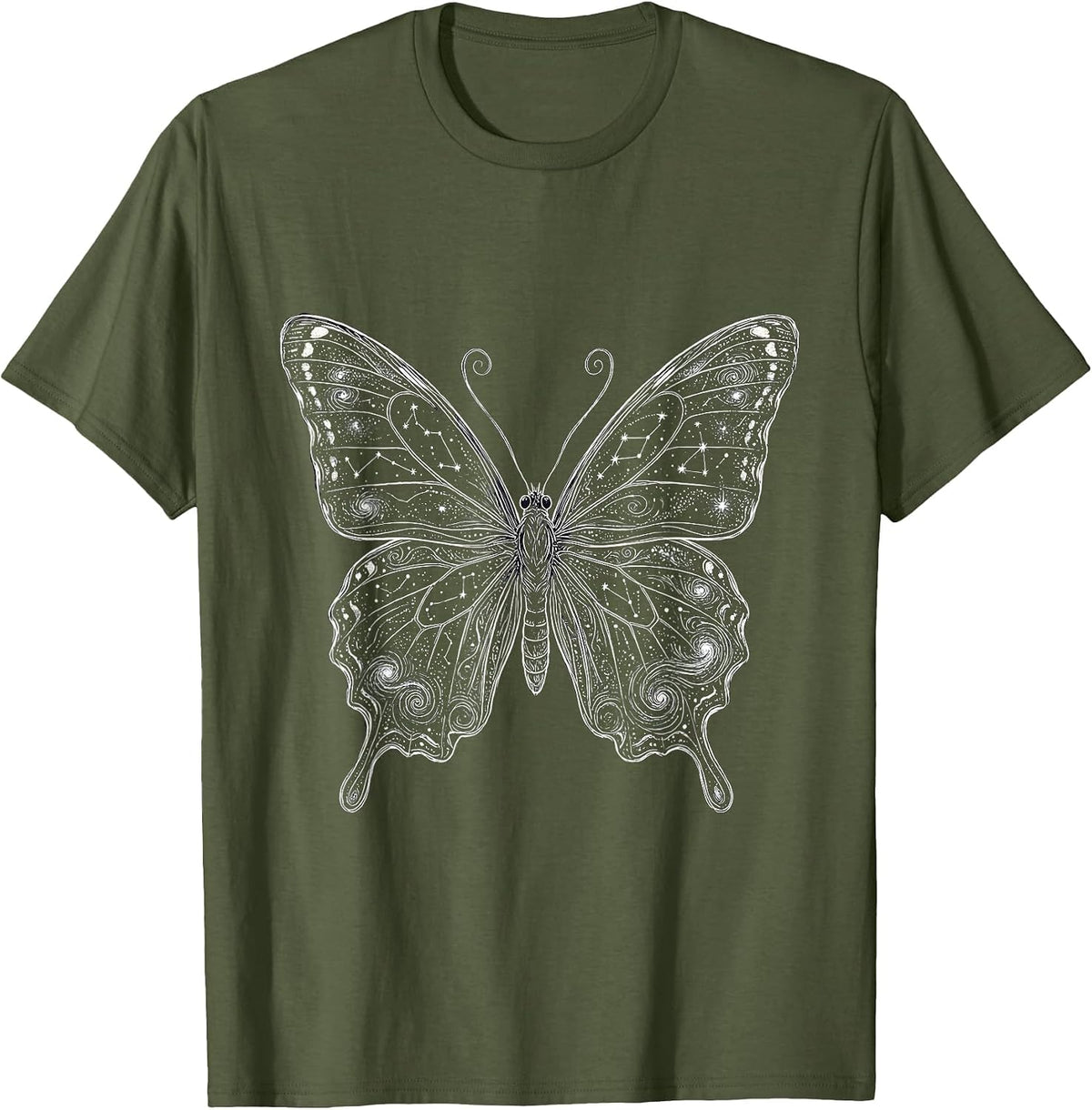 Galaxy Butterfly Silhouette Stars Cosmic Nature Art T-Shirt - Olive Green