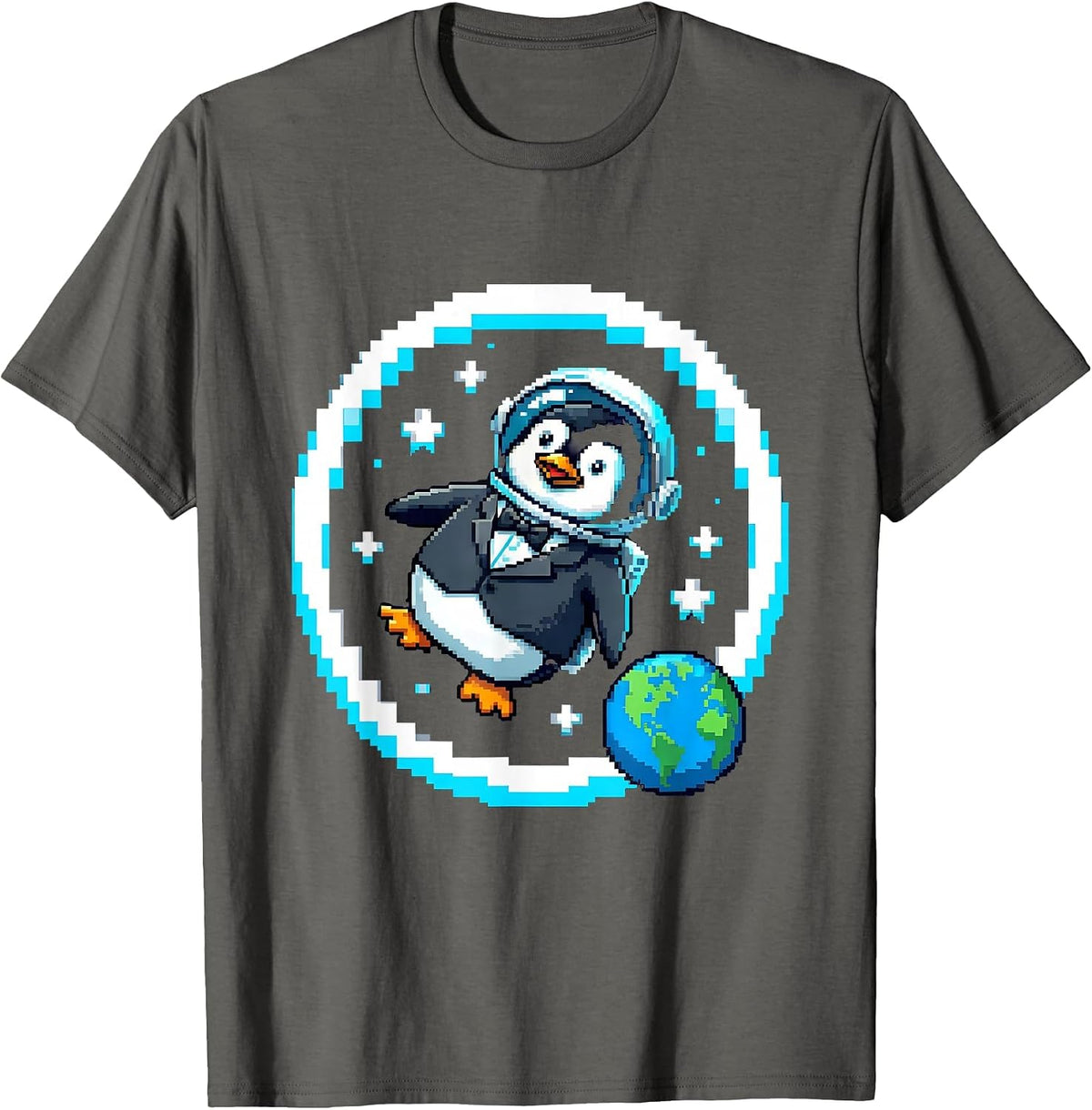 Penguin Astronaut Floating in Outer Space T-Shirt - Asphalt Grey