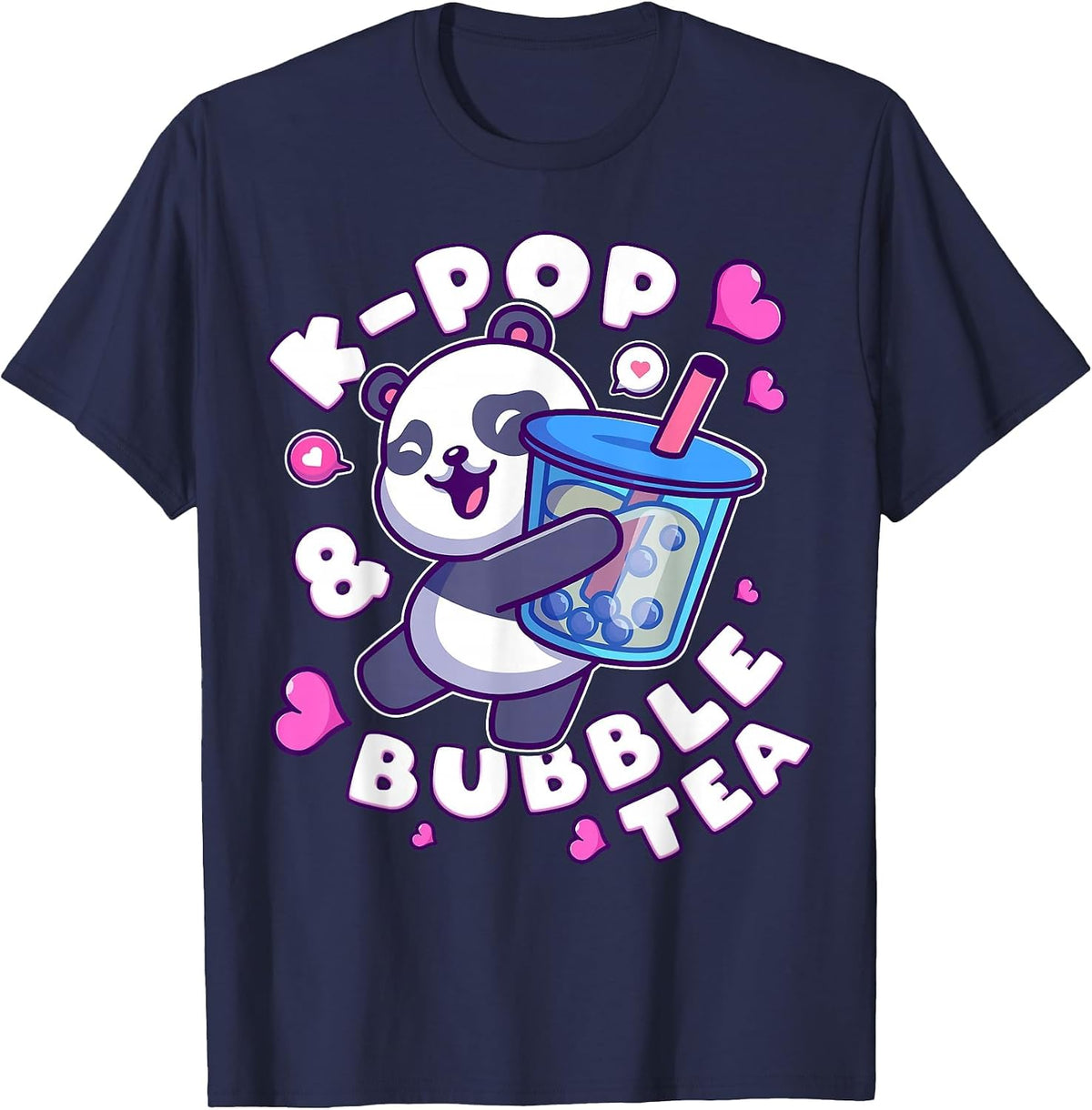 Panda K-Pop & Bubble Tea Korean Music Cute T-Shirt - Navy Blue