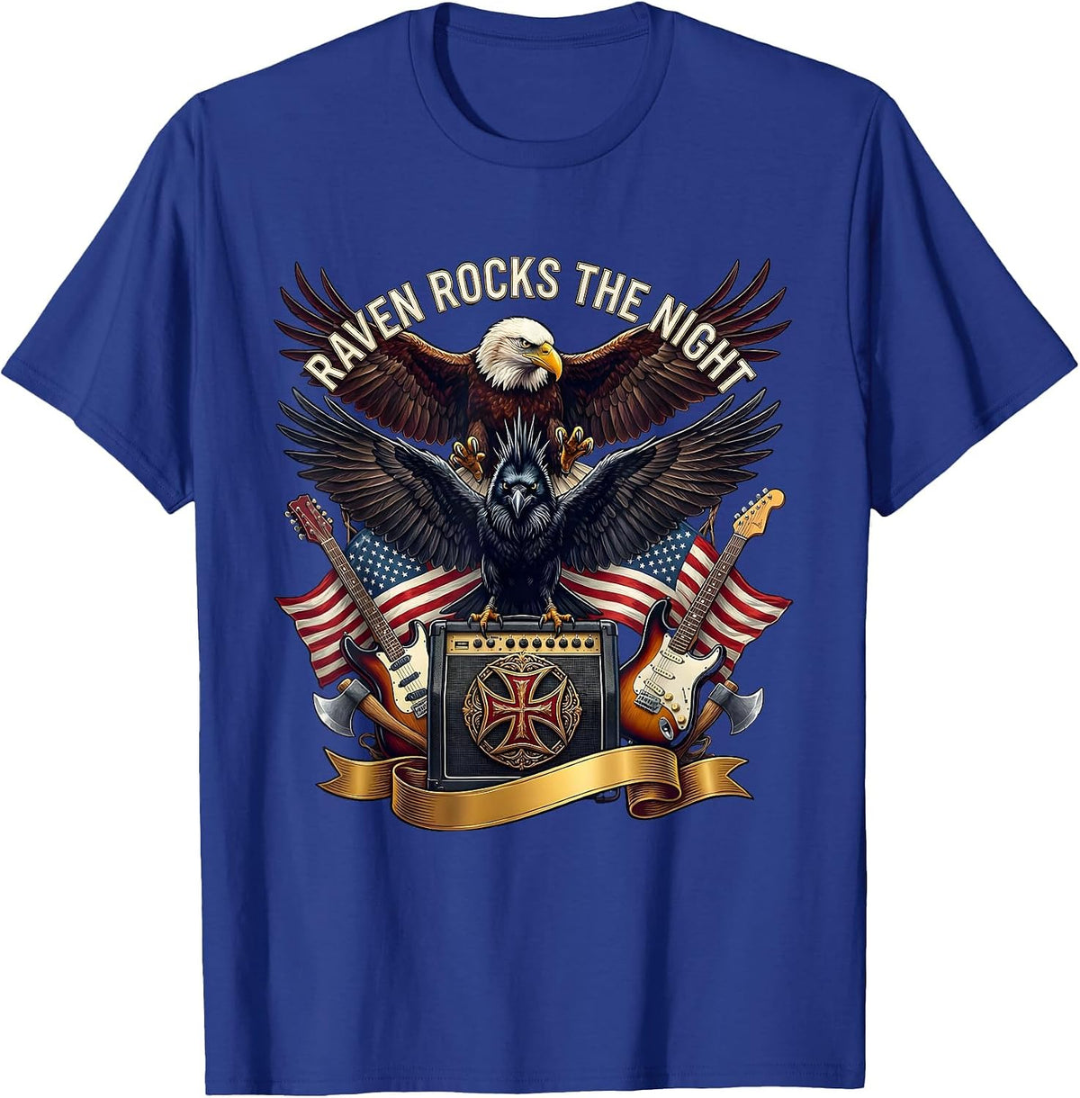 Halloween Punk Rock Raven on Amp Design T-Shirt - Royal Blue