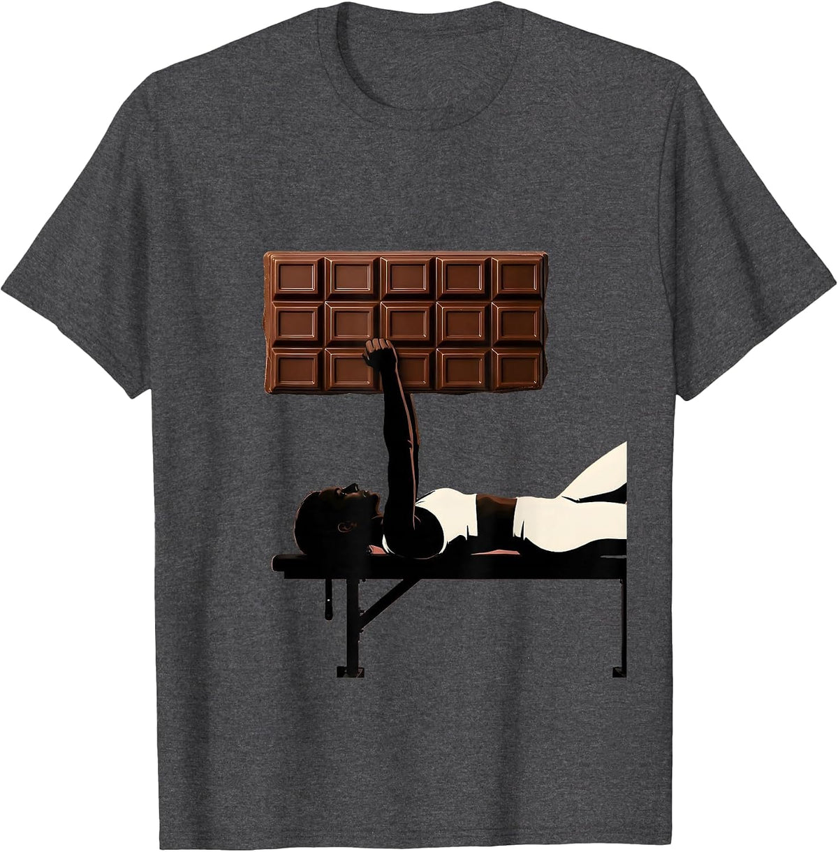 Funny Chocolate Bar Bench Press Gym Illustration T-Shirt - Dark Heather Grey