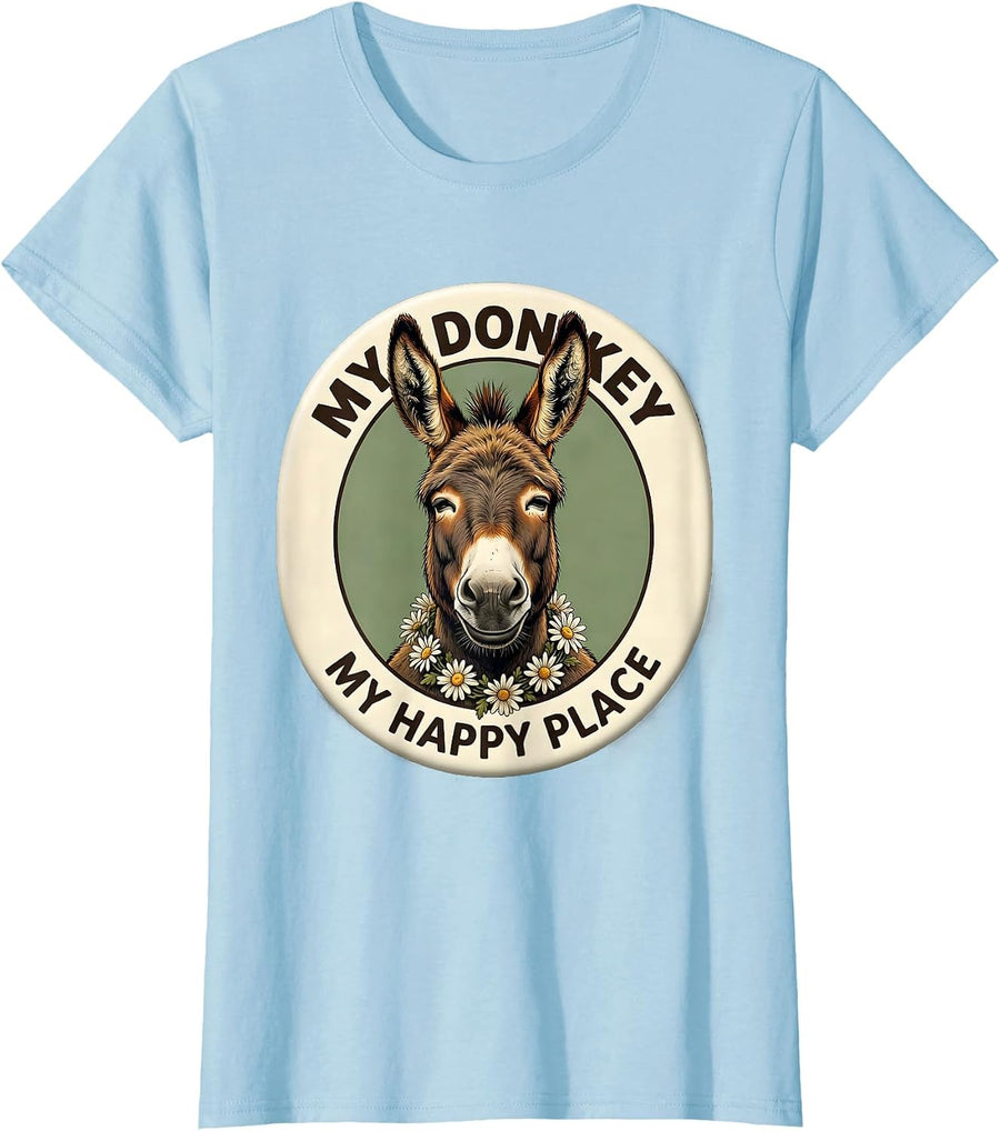 Women's My Donkey My Happy Place Funny Donkey Lover Vintage Animal T-Shirt - Baby Blue