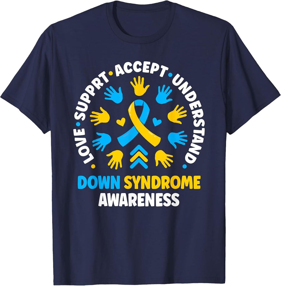 Down Syndrome Love Accept Support Down Syndrome Awareness T-Shirt - Navy Blue