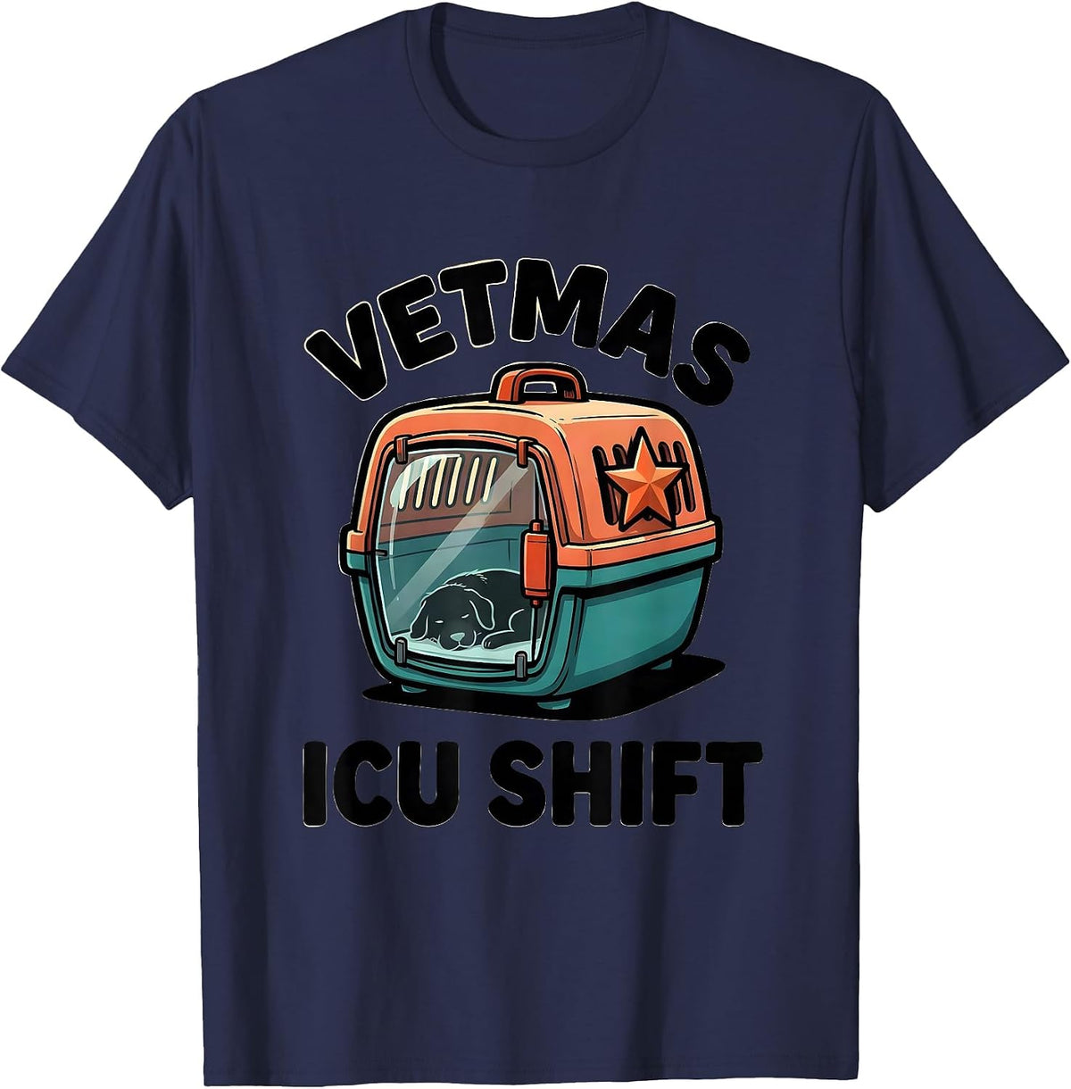 Vetmas ICU Shift Funny Vet Tech Christmas Veterinary Crew T-Shirt - Navy Blue