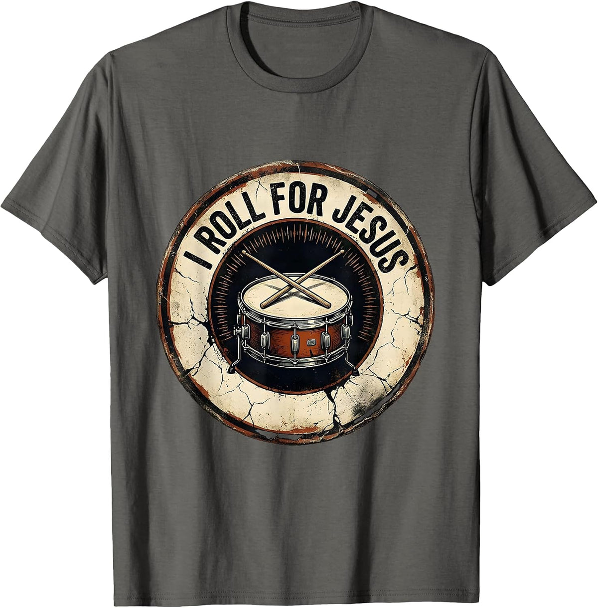 I Roll For Jesus Distressed Christian Worship Musician Drum T-Shirt - Asphalt Grey