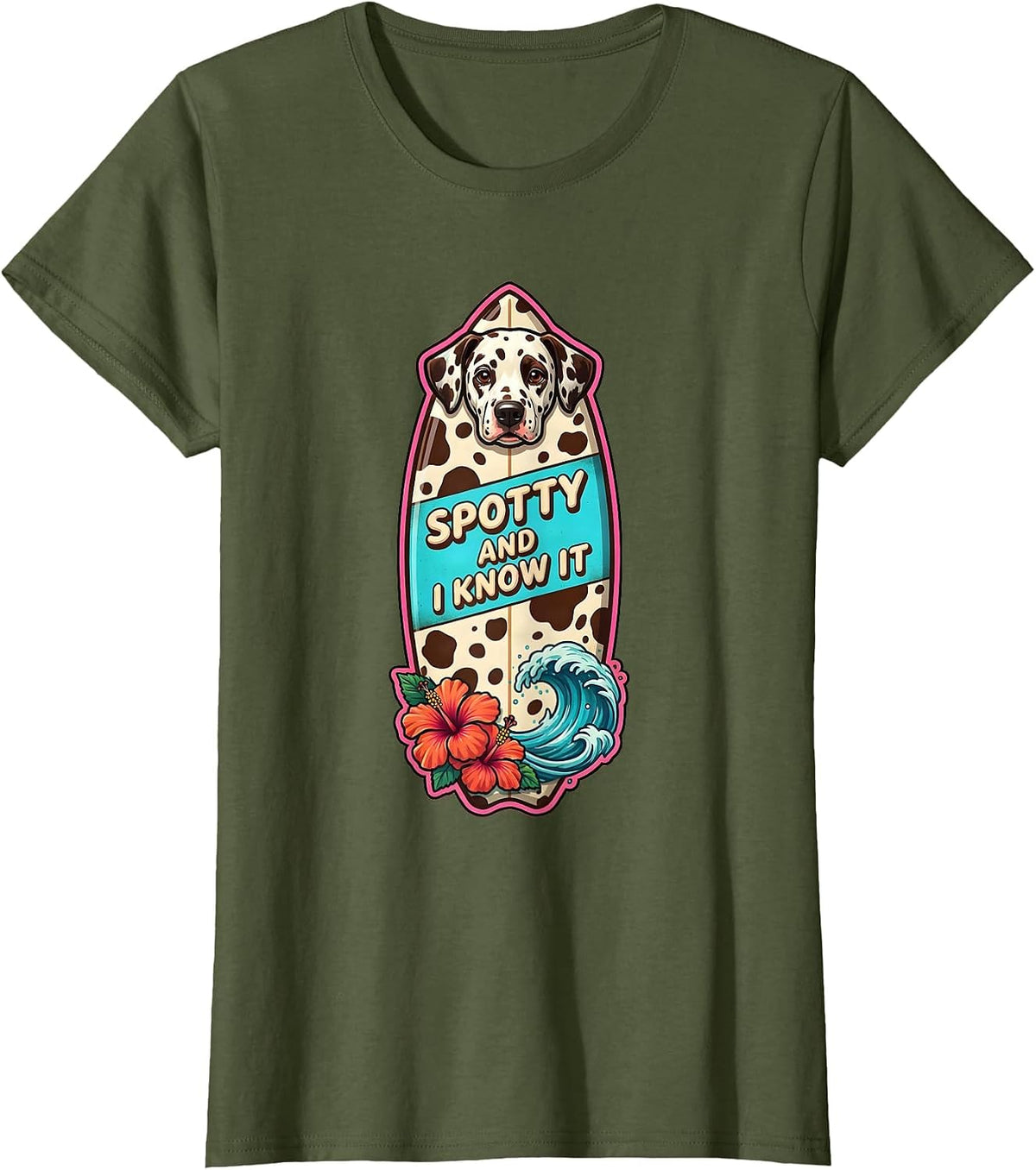 Women's Spotty and I Know It Dalmatian Design T-Shirt - Olive Green