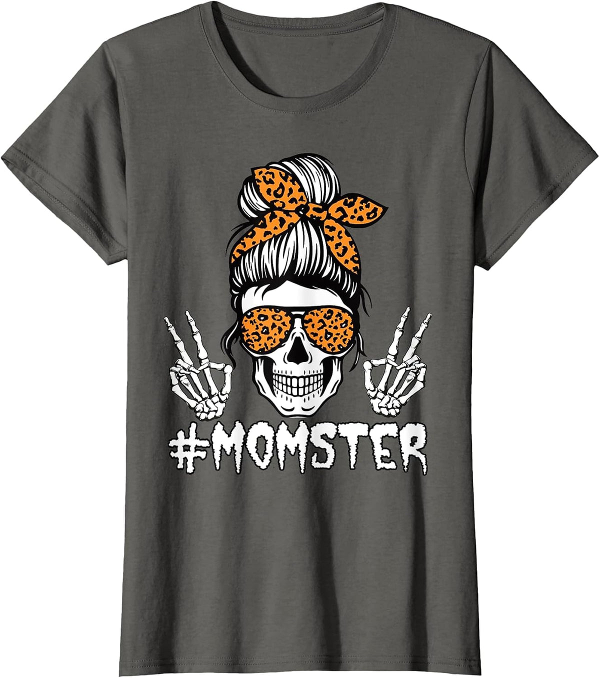 Momster Halloween Skull Mom Leopard Messy Bun Hair Monster T-Shirt - Asphalt Grey