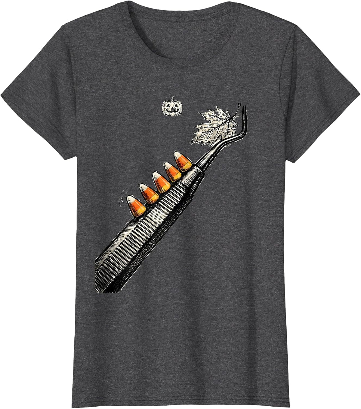Women's Dental Scaler Halloween Candy Corn Dental Hygienist Humor T-Shirt - Dark Heather Grey