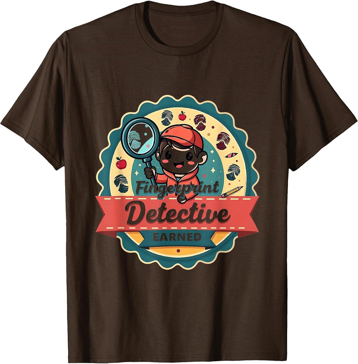 Fingerprint Detective Badge Elementary Teacher T-Shirt - Brown