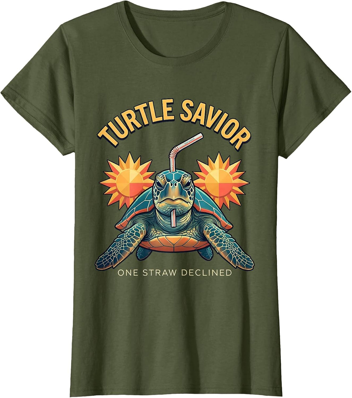 Women's Turtle Savior, One Straw Declined Funny Sea Turtle Plastic T-Shirt - Olive Green
