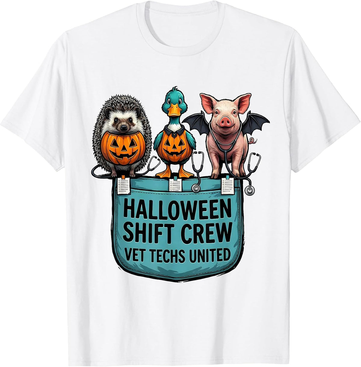 Men's Halloween Shift Crew Vet Techs United Whimsical Workplace T-Shirt - White