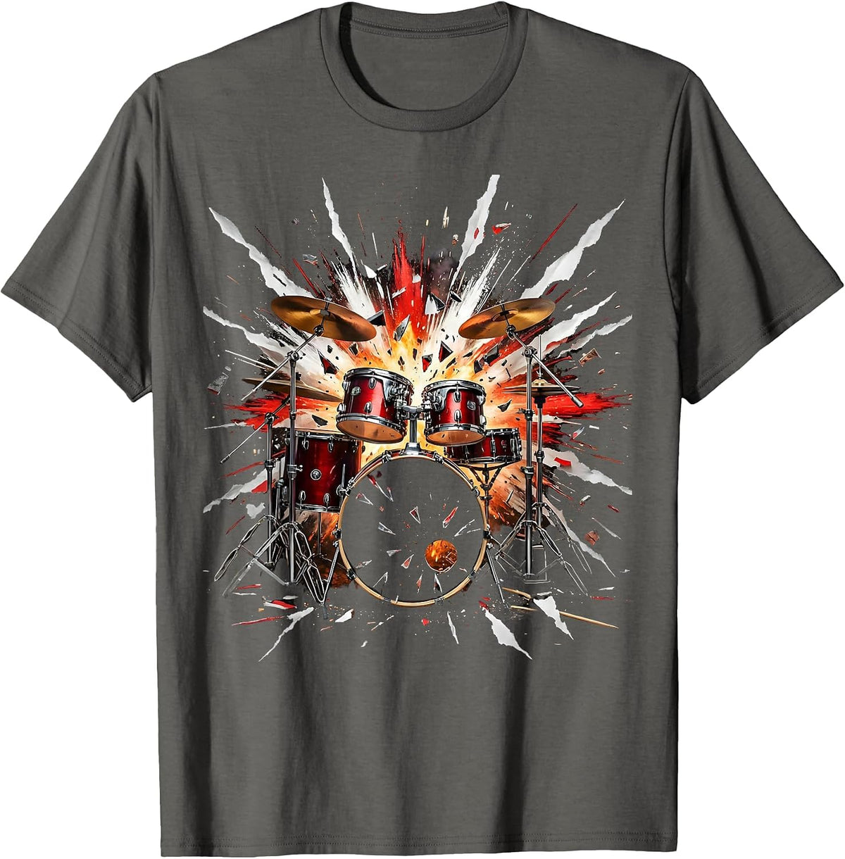 Men's Exploding Drum Kit Firework Burst Music Art T-Shirt - Asphalt Grey