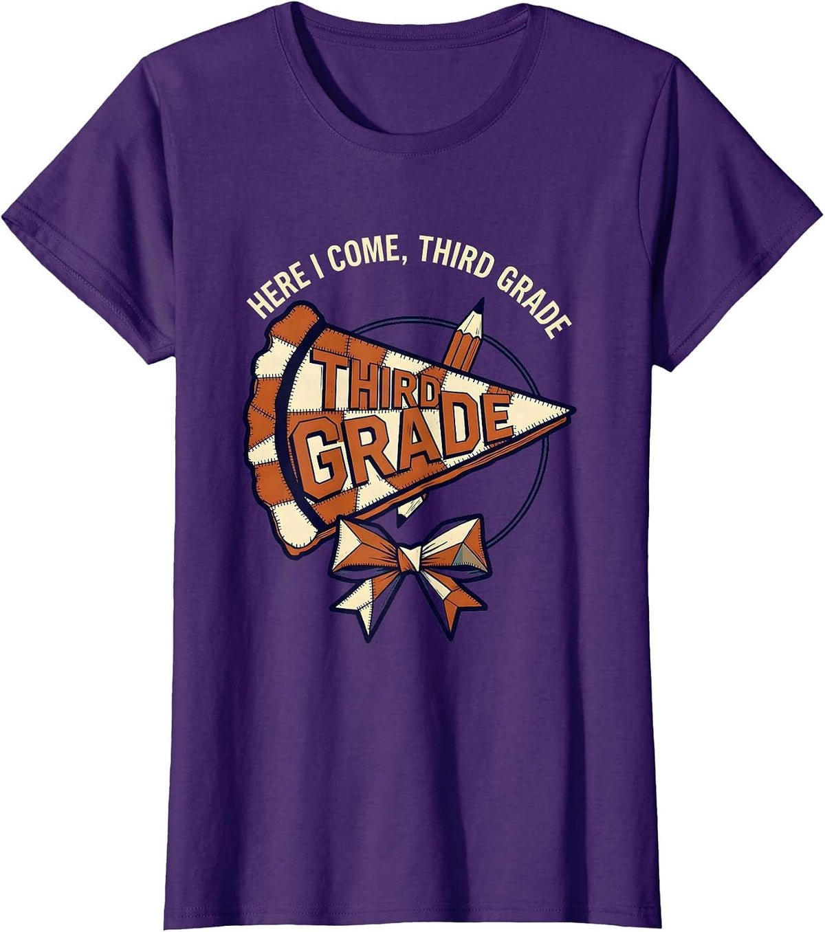 Women's Here I Come Third Grade Cheerful Back To School Pennant T-Shirt - Purple