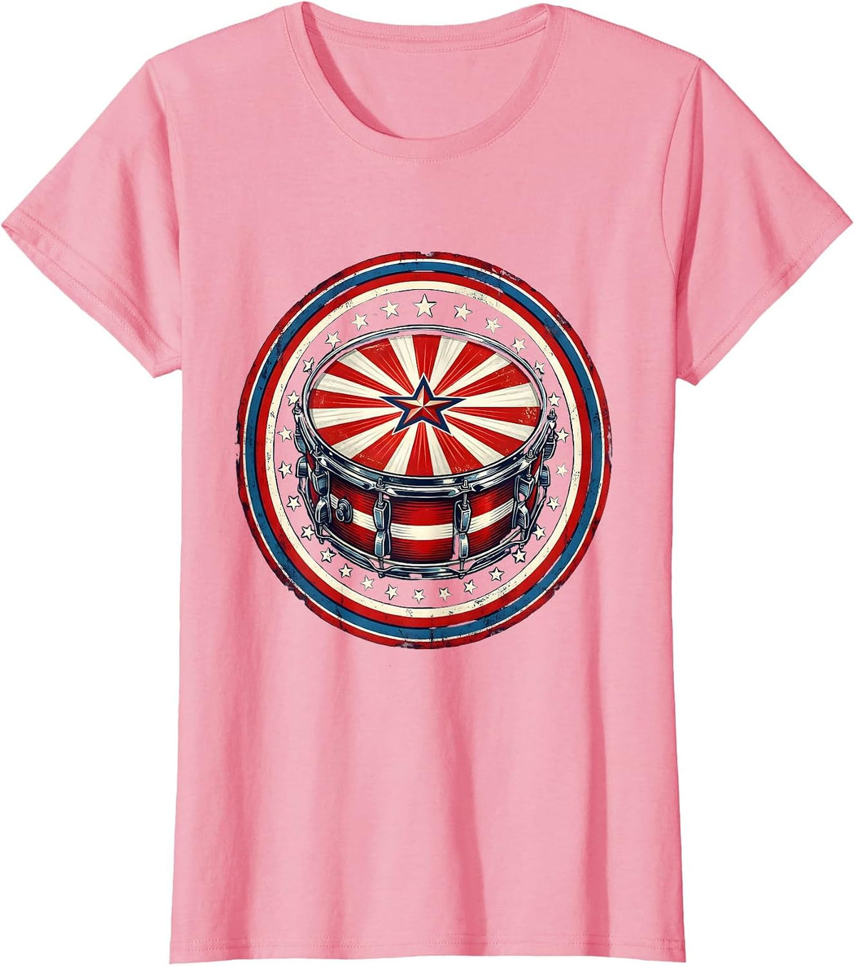 Women's Patriotic Drum Star-Burst Red White Blue Design T-Shirt - Pink