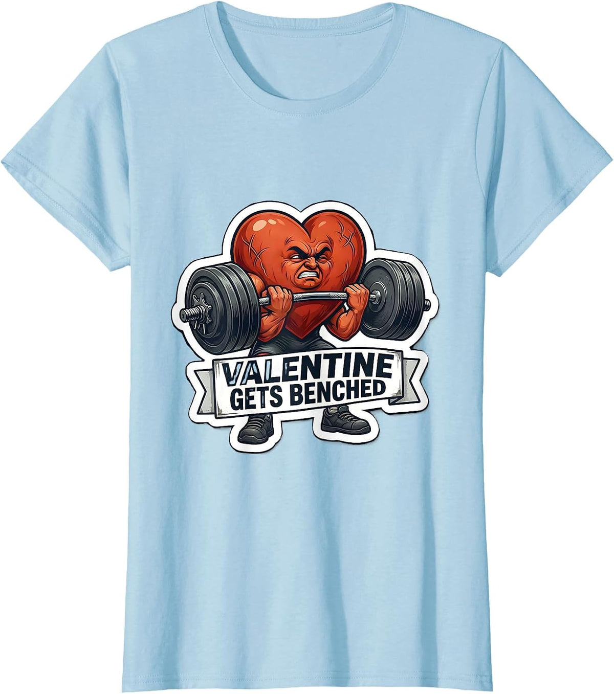Valentine Gets Benched Funny Gym Heart Weightlifting Humor T-Shirt - Baby Blue
