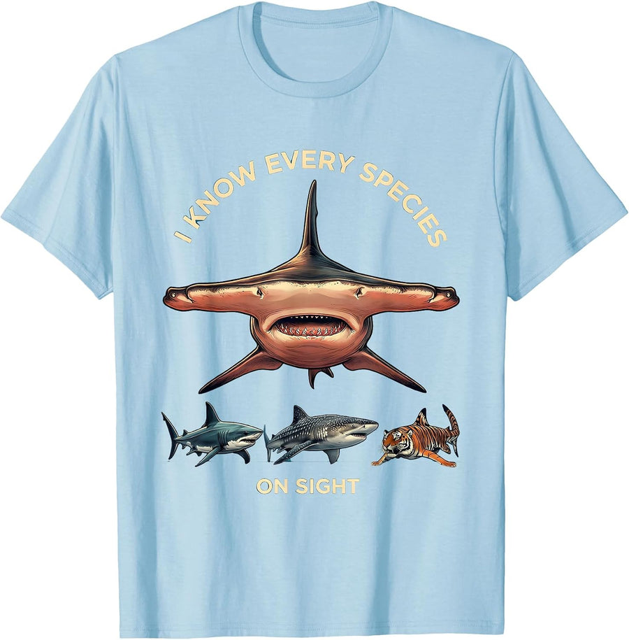 Men's I Know Every Species On Sight Funny Shark Lover Ocean T-Shirt - Baby Blue