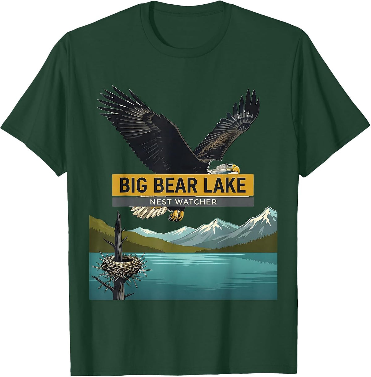 Men's Big Bear Lake Nest Watcher Midcentury Modern Bald Eagle T-Shirt - Dark Green
