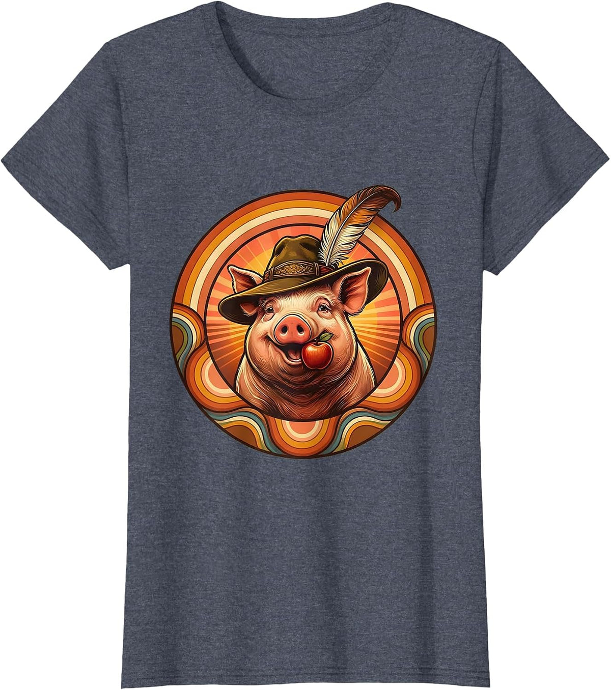 Women's Oktoberfest Pig with Feathered Hat Illustration T-Shirt - Heather Blue