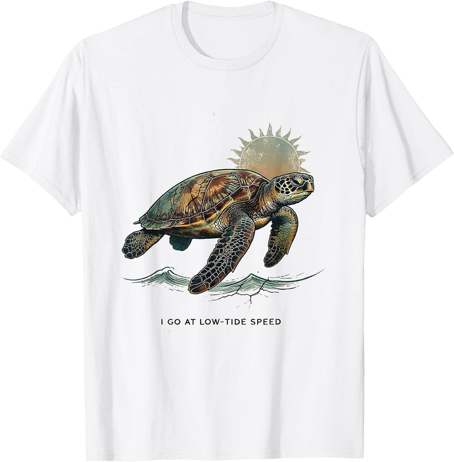 Men's I Go At Low-Tide Speed Vintage Sea Turtle Beach Souvenir T-Shirt - White