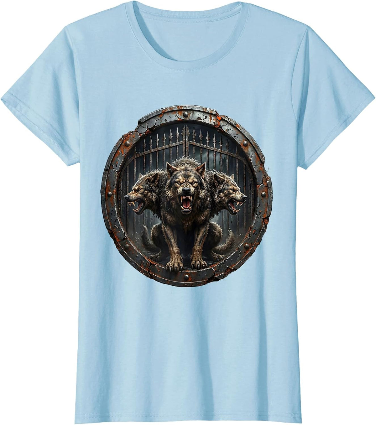 Three-Headed Dog Iron Fortress Gates Heavy Metal T-Shirt - Baby Blue