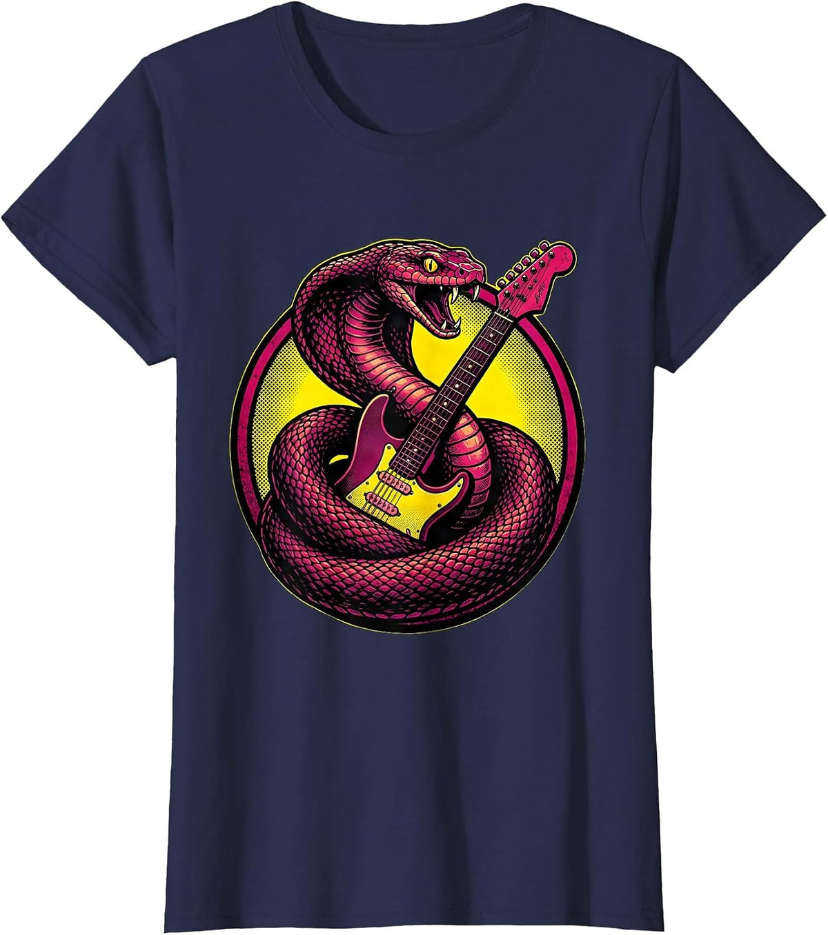 Women's Serpent and Electric Guitar Vintage Rock Art T-Shirt - Navy Blue