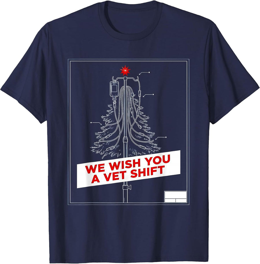We Wish You A Vet Shift Technical Blueprint Veterinary Tech T-Shirt - Navy Blue
