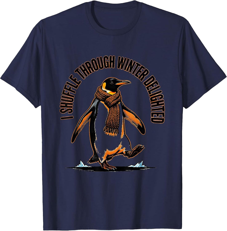 I Shuffle Through Winter Delighted Funny Penguin Lover Gift T-Shirt - Navy Blue