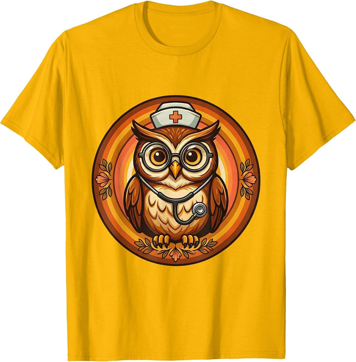 Men's School Nurse Owl with Glasses and Stethoscope T-Shirt - Golden Yellow