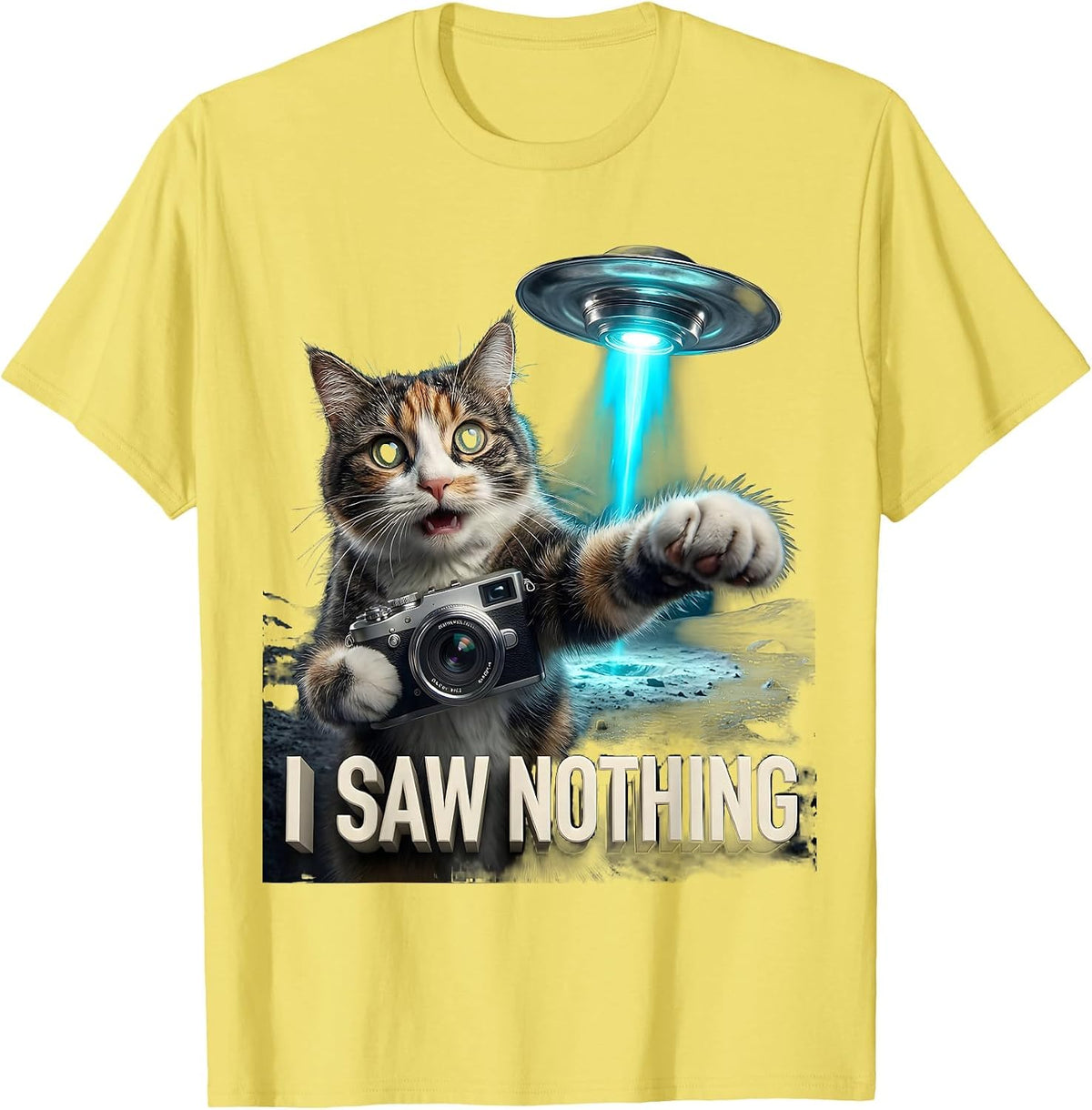 Men's I Saw Nothing Funny Cat UFO Abduction Selfie Novelty Gift T-Shirt - Lemon Yellow