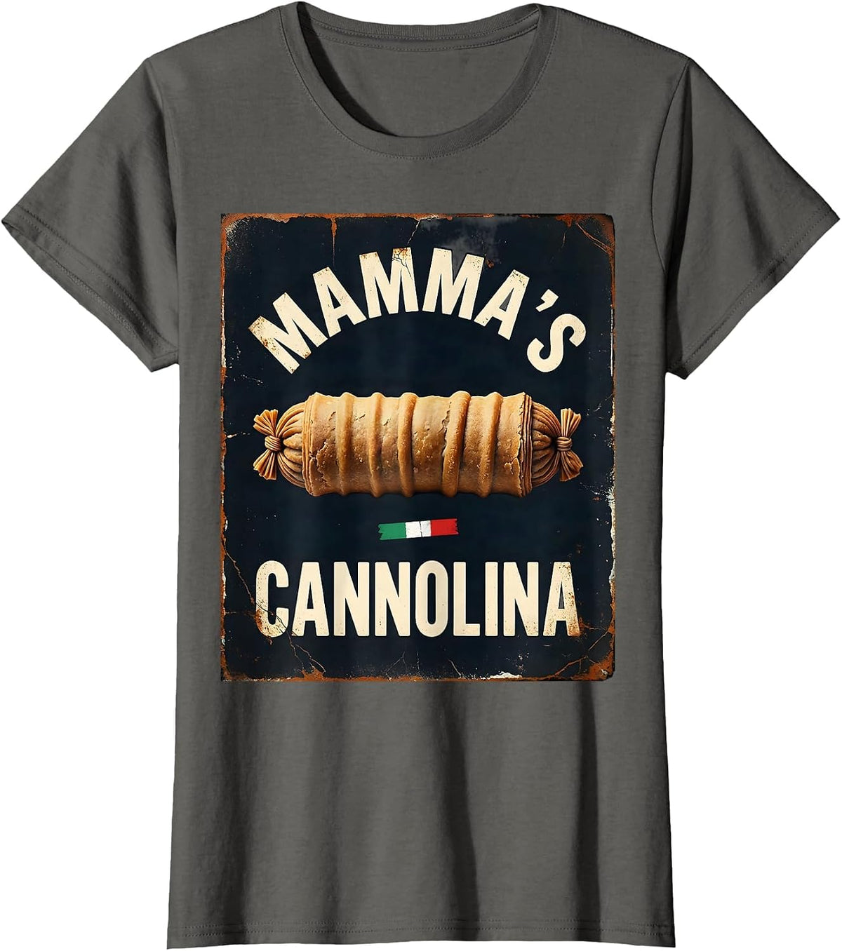Women's Mamma's Cannolina Distressed Italian Heritage Family Humor T-Shirt - Asphalt Grey