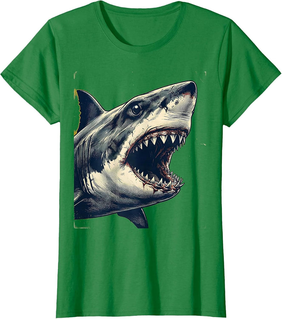 Women's Shark Jaw Bold Vintage Halloween Costume Novelty T-Shirt - Kelly Green