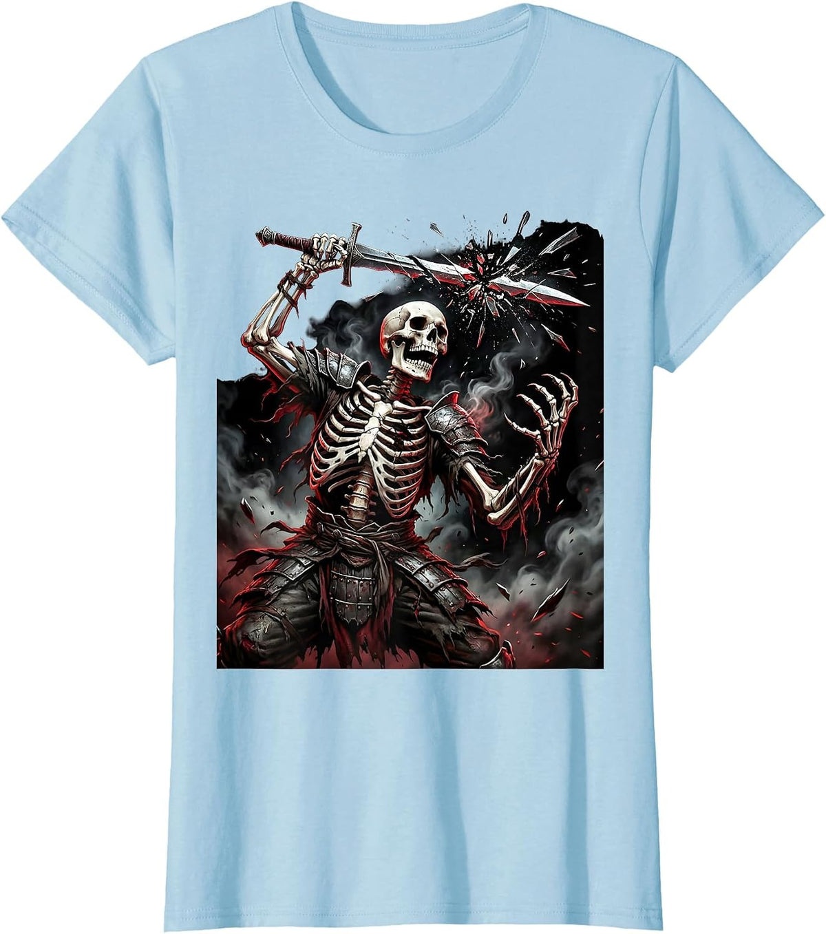 Skeleton Warrior Broken Sword Death Metal Art T-Shirt - Baby Blue