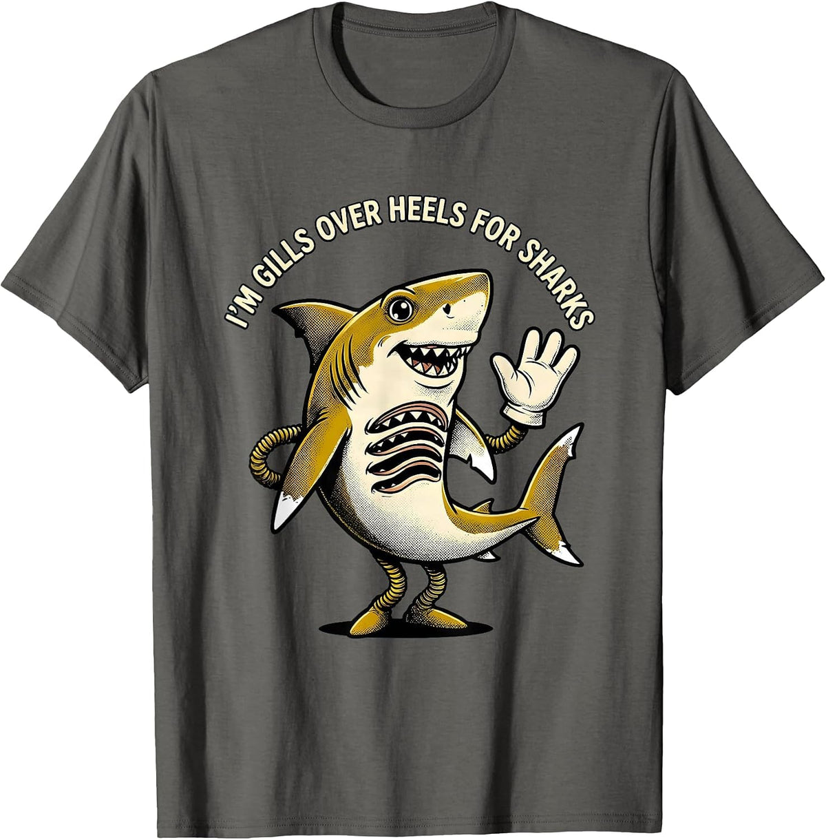 I'm Gills Over Heels For Sharks Retro Cartoon Ocean Animal T-Shirt - Asphalt Grey