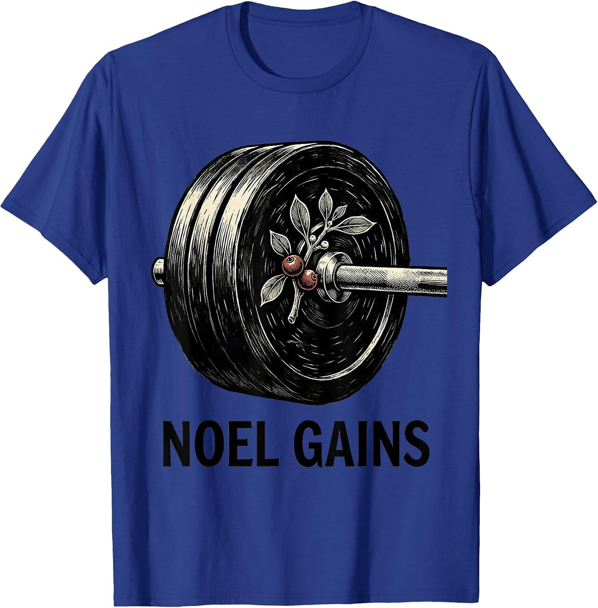 Men's Noel Gains Linocut Funny Christmas Weightlifting Gym Workout T-Shirt - Royal Blue