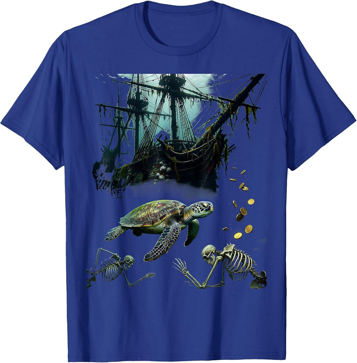 Sea Turtle Shipwreck Pirate Ocean Art T-Shirt - Royal Blue
