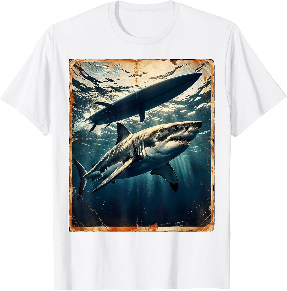 Men's Boys Hawaiian Shark Under Surfboard Graphic Tee T-Shirt - White