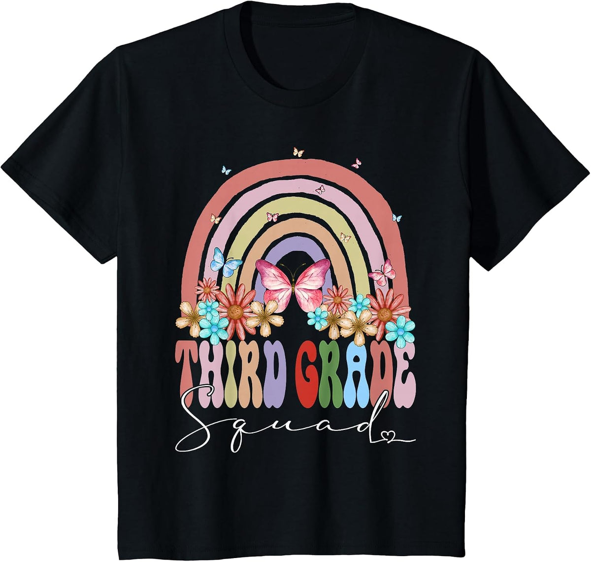 Third Grade Squad Back to School Rainbow Groovy Floral T-Shirt - Black