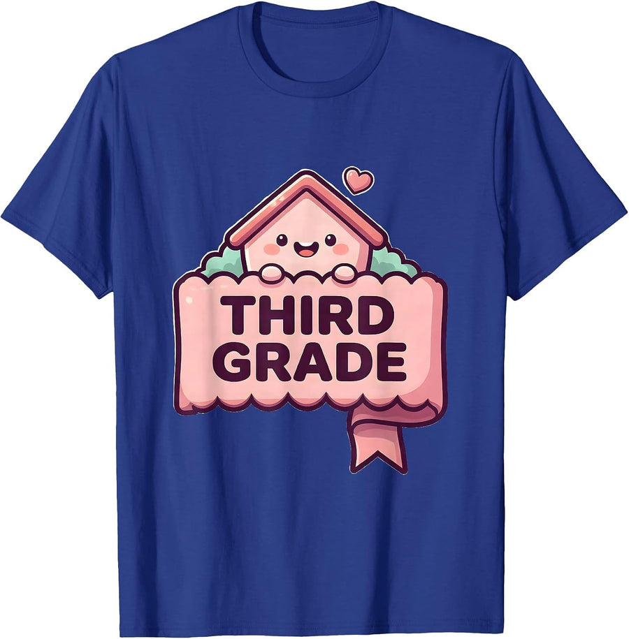 Third Grade Cute Kawaii Schoolhouse Mascot Back To School T-Shirt - Royal Blue