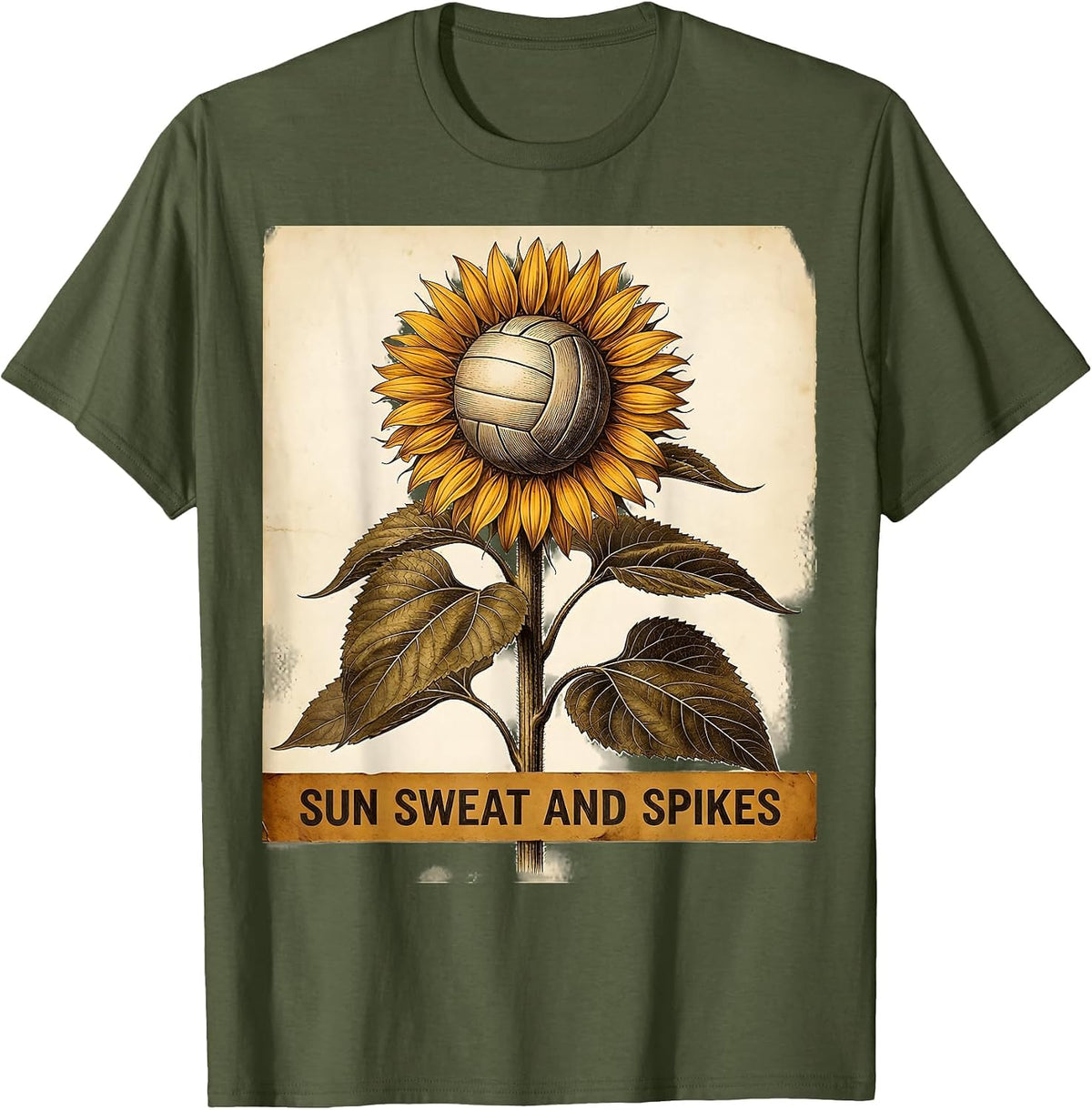Sun Sweat and Spikes Volleyball Design T-Shirt - Olive Green