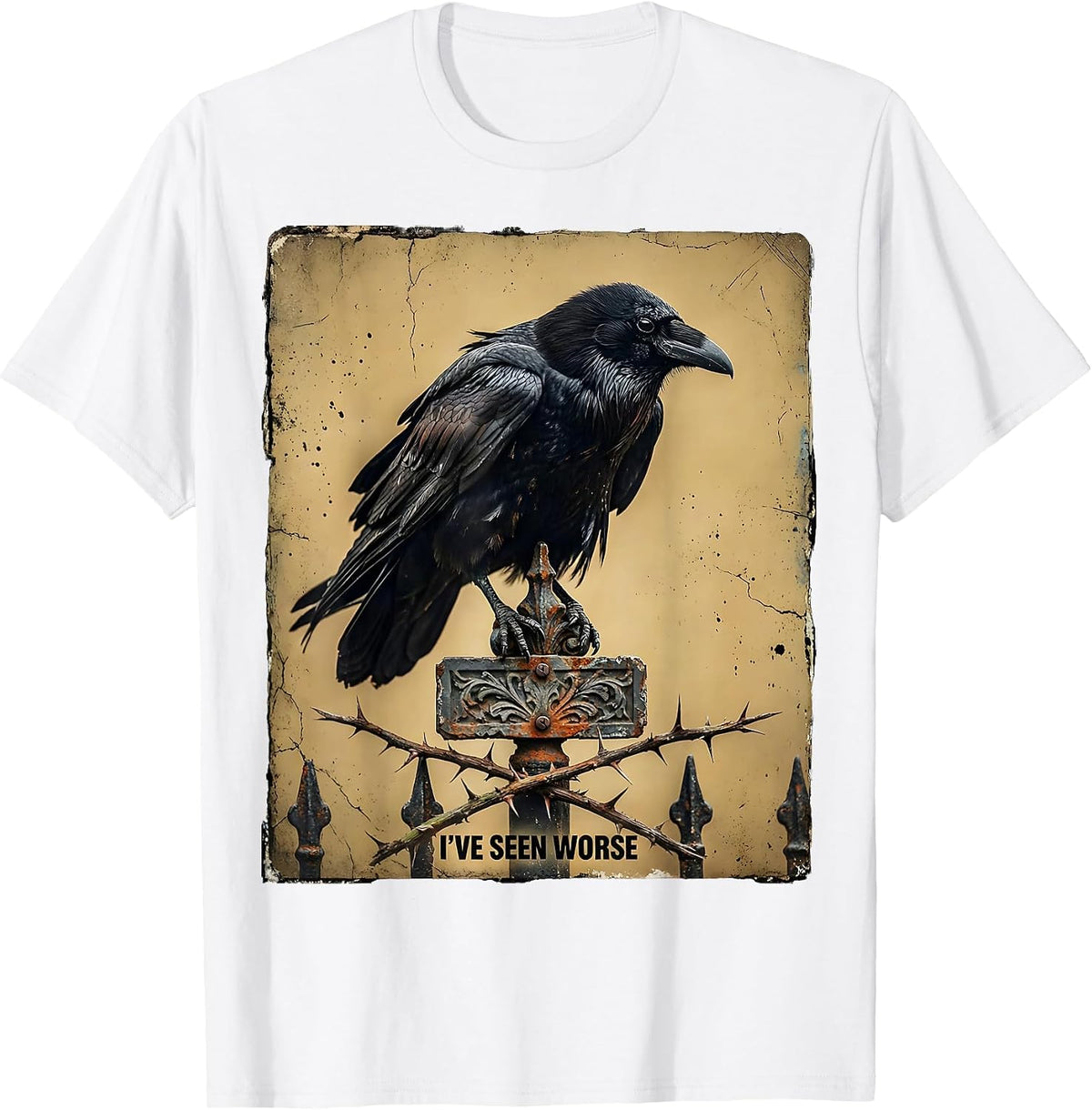 Men's I've Seen Worse Distressed Gothic Crow Raven Dark Humor T-Shirt - White