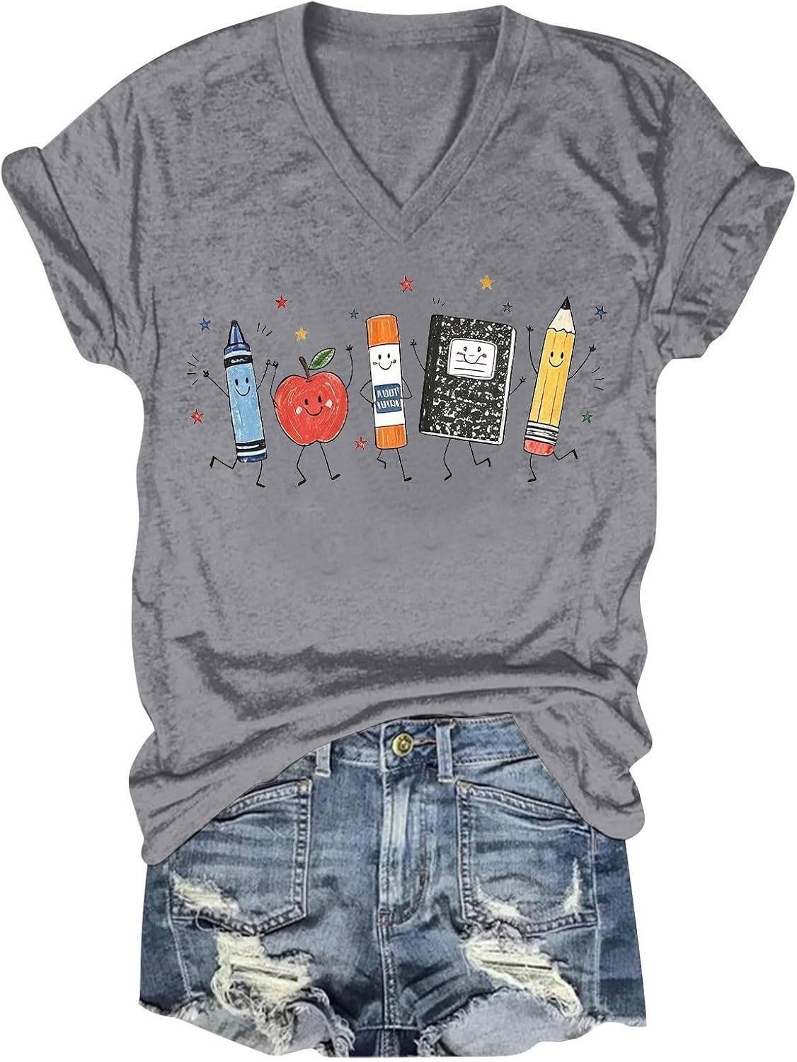 Back to School Supplies Graphic T-Shirt Teacher Life Shirt for Women - Grey