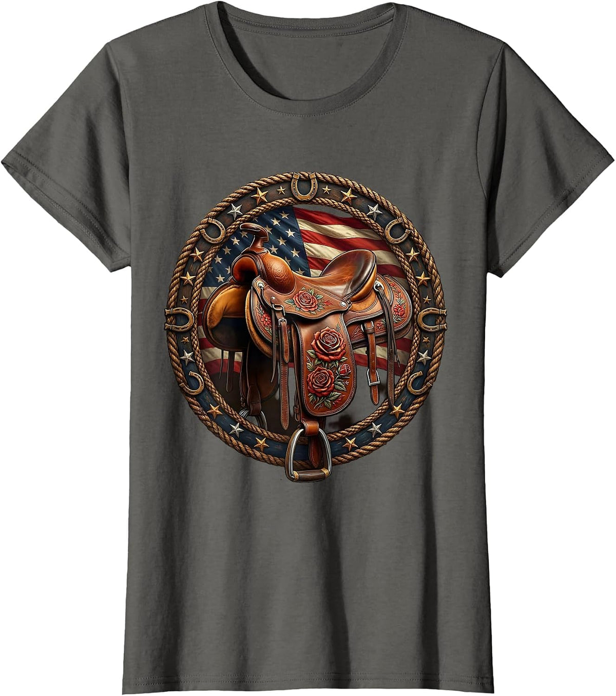 Women's Floral Stitched Leather Saddle Cowgirl Design T-Shirt - Asphalt Grey