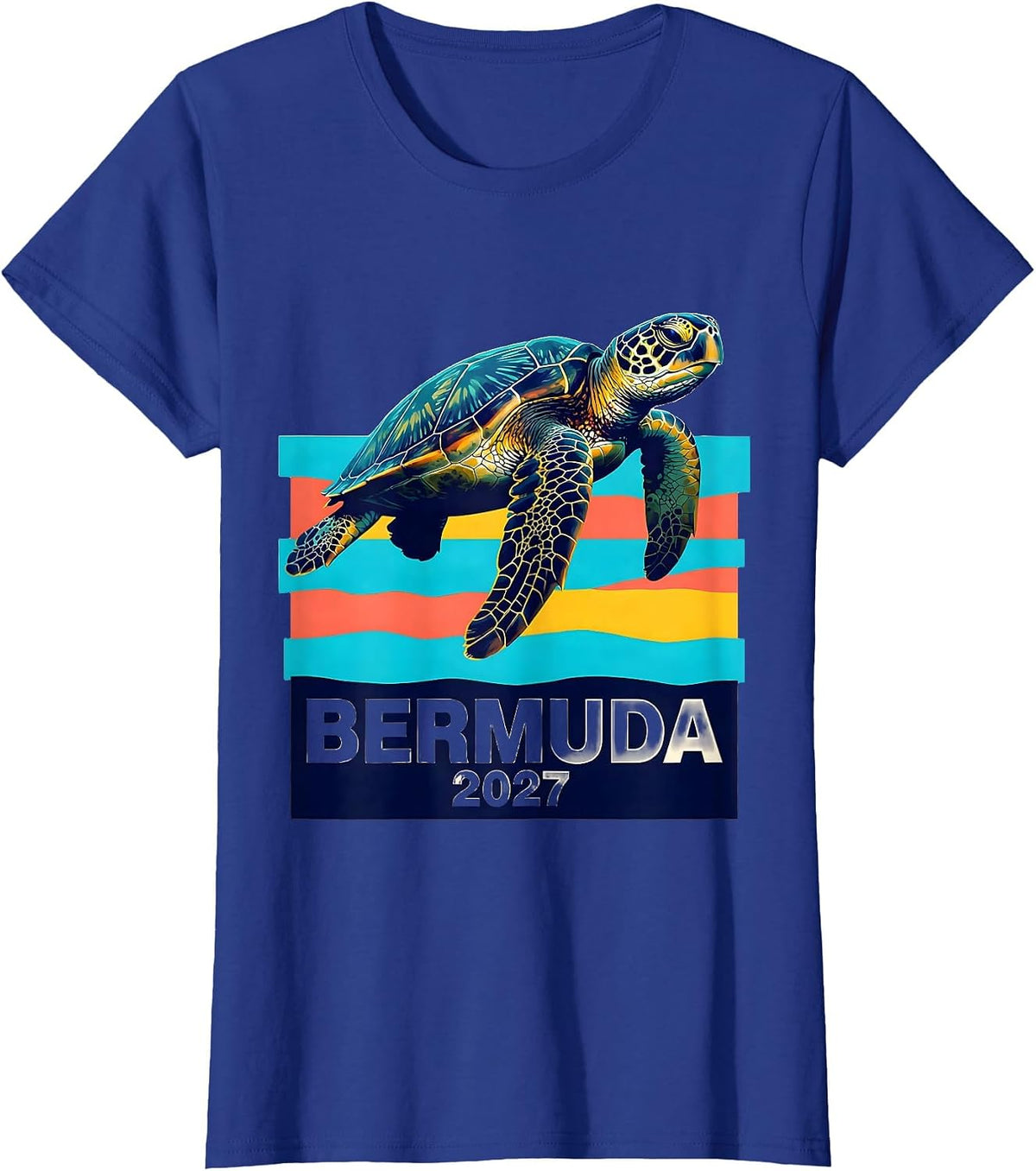 Women's Bermuda 2027 Screenprint Sea Turtle Tropical Vacation T-Shirt - Royal Blue
