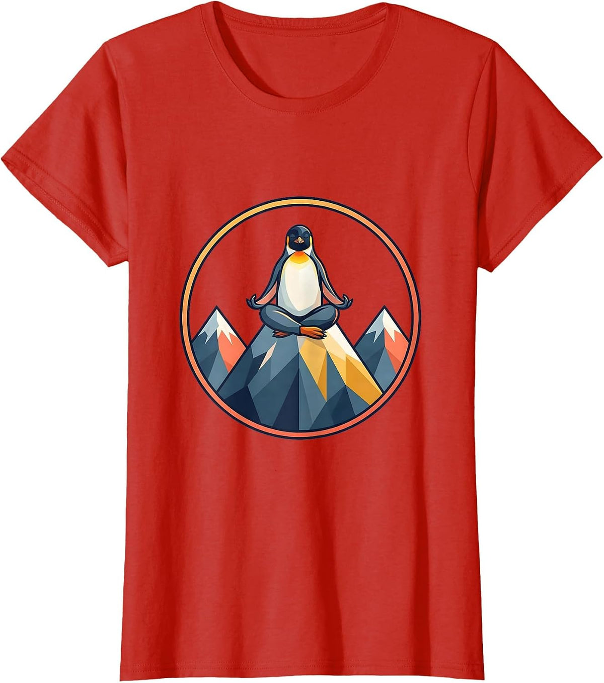 Women's Penguin Meditating on Mountain Peak Graphic T-Shirt - Red