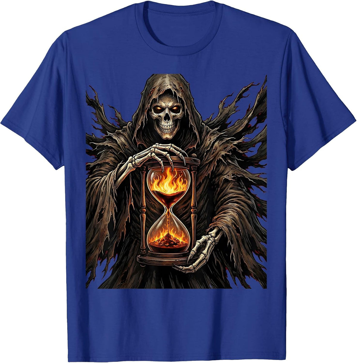 Men's Grim Reaper Hourglass of Fire Gothic Metal Art T-Shirt - Royal Blue