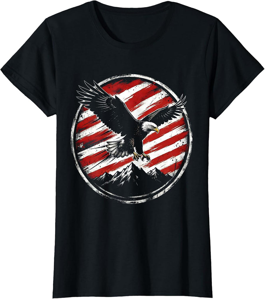 Women's Bald Eagle Soaring Over Mountain Range USA T-Shirt - Black