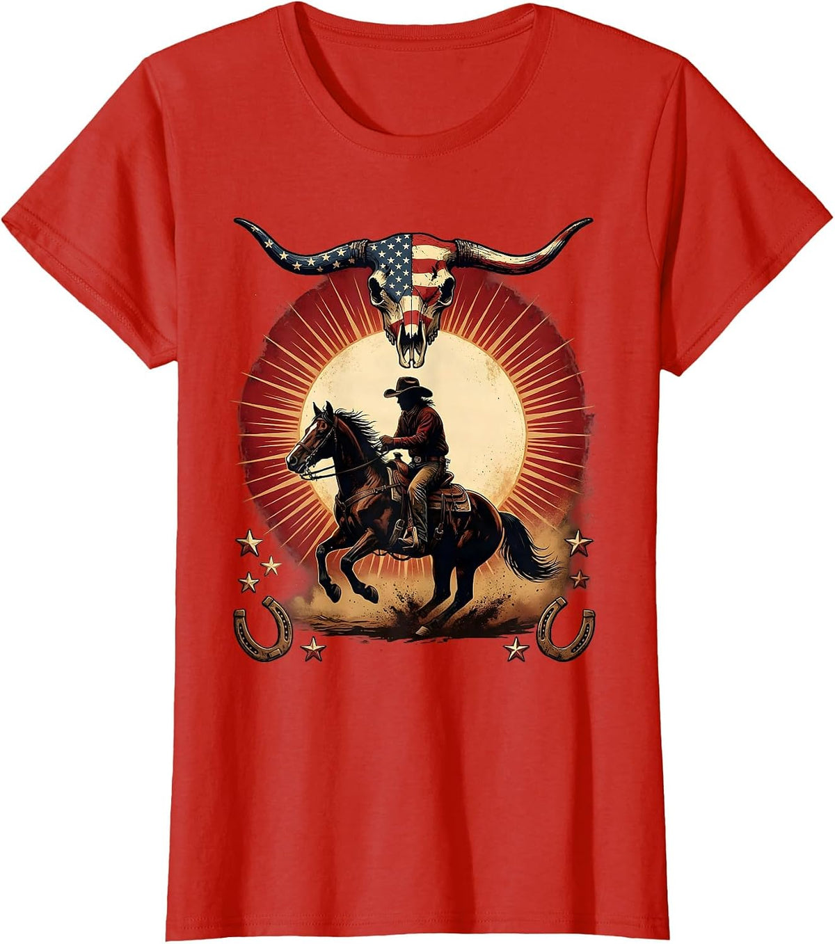 Women's Cowboy Silhouette Riding Horse at Dusk T-Shirt - Red