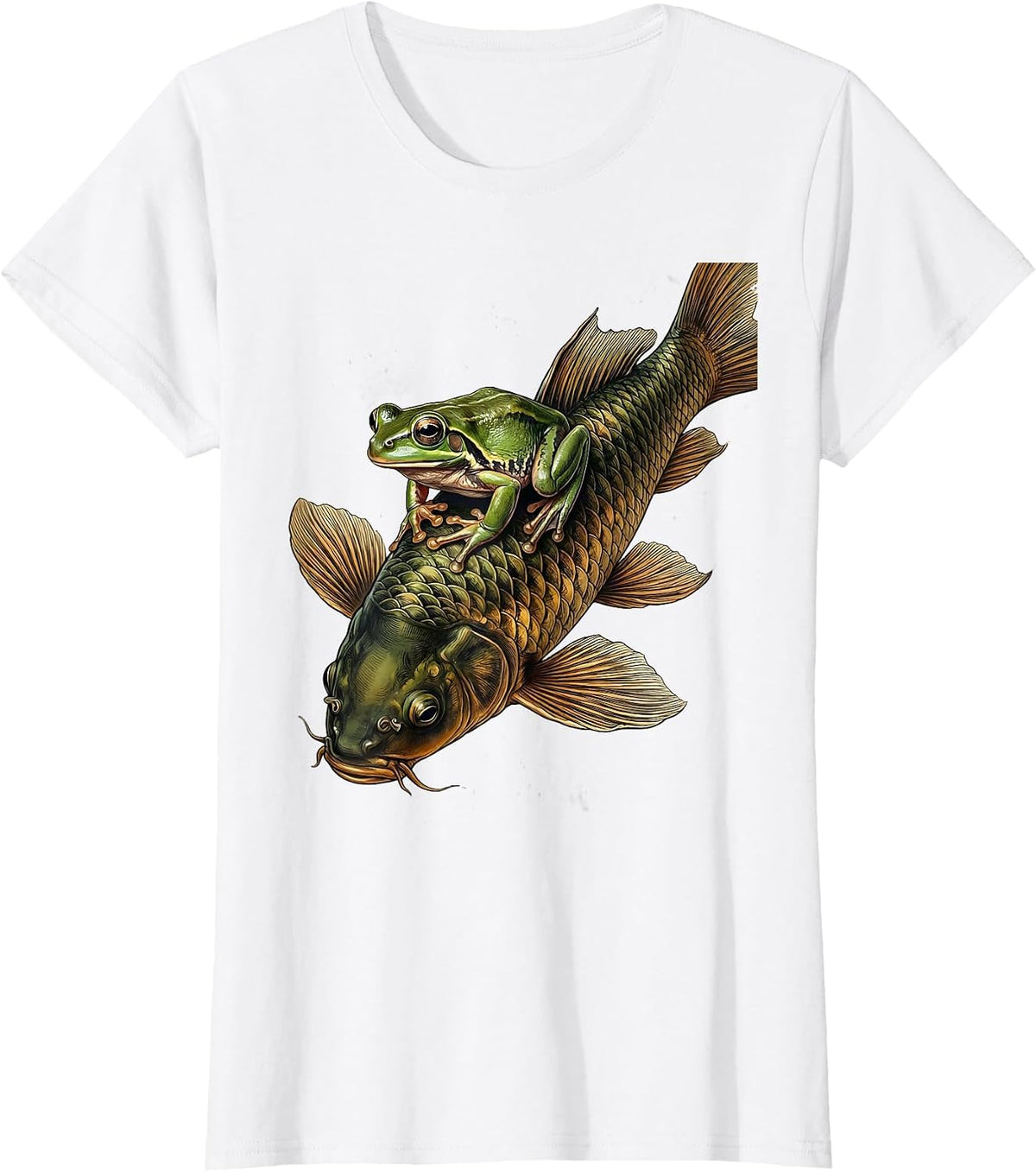 Women's Frog Riding Giant Koi Fish Graphic Tee T-Shirt - White