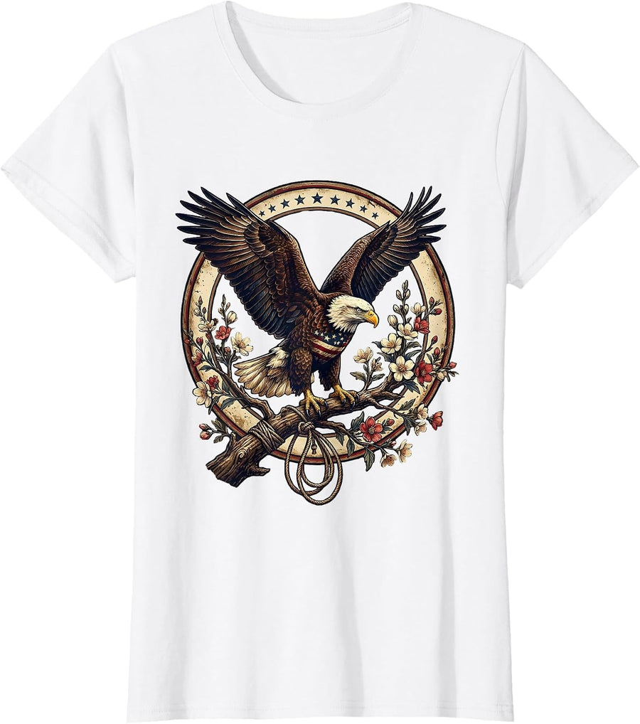 Women's Bald Eagle Perched on Flowering Branch T-Shirt - White