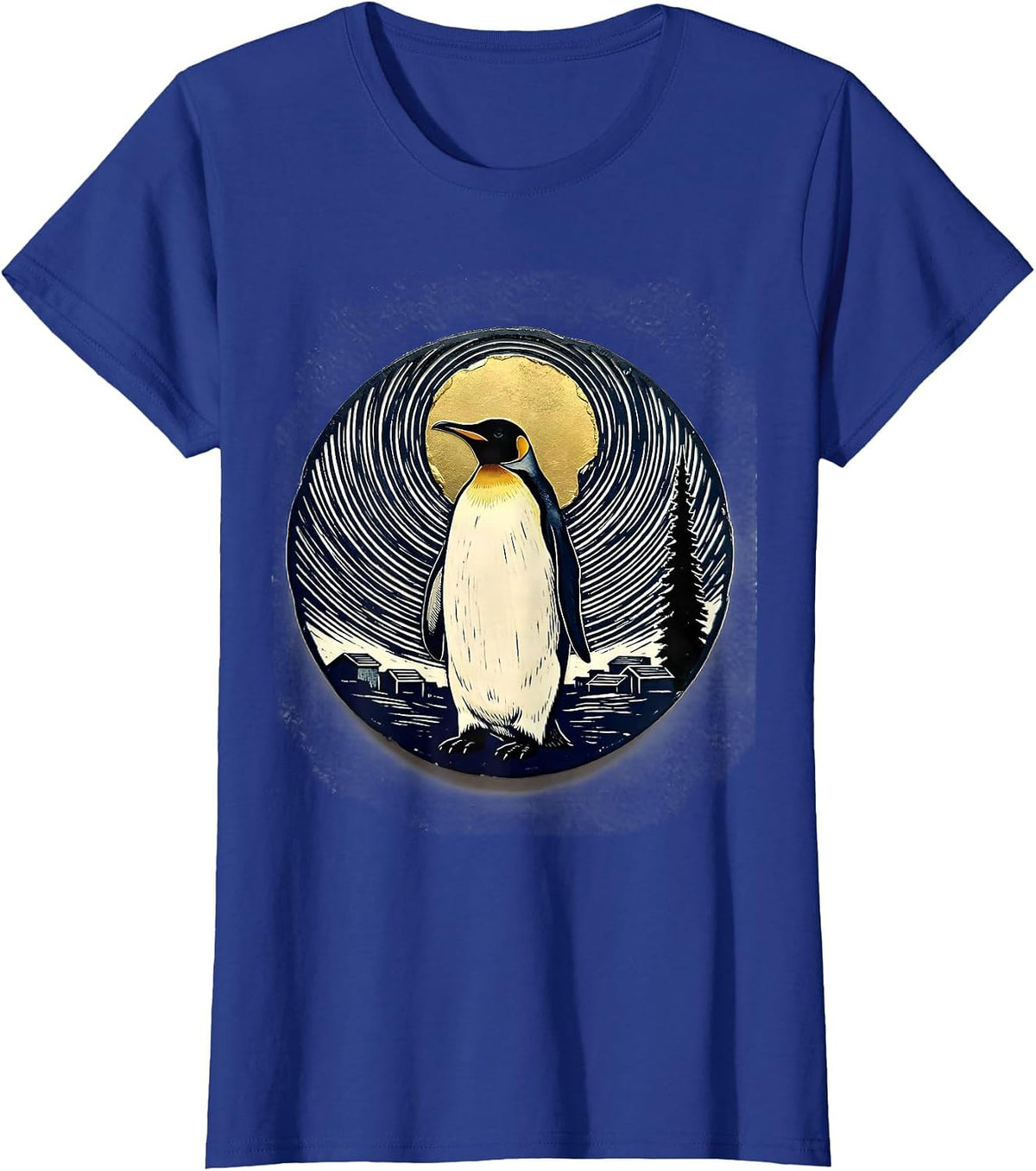 Women's Penguin Starry Night Van Gogh Art Parody Animal Lover T-Shirt - Royal Blue